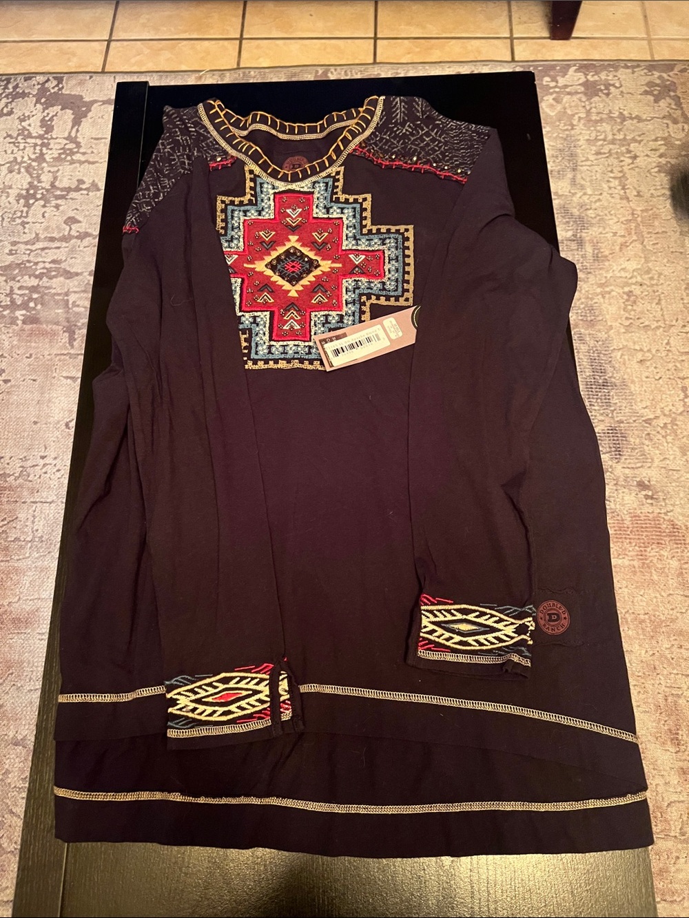 Double D Ranch Black Long Sleeve Top with Multicolor Southwestern Embroidery